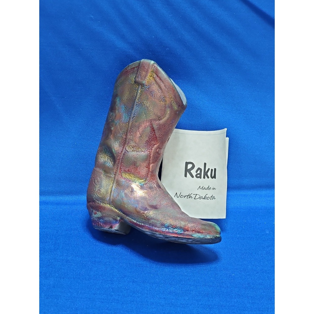 Raku Pottery Cowboy Boot North Dakota Native American 5" Vintage Signed